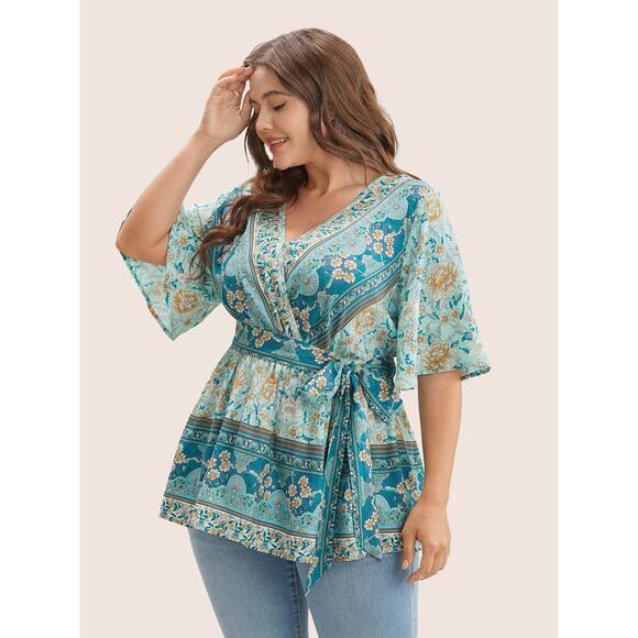 Plus Size 22 24 3X Bloomchic Boho Floral Ruffle Sleeve Belted V-Neck Blouse - Picture 5 of 5